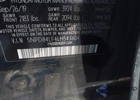 2020 Hyundai Elantra Sel z USA, uszkodzony, nr VIN 5NPD84LF4LH543604